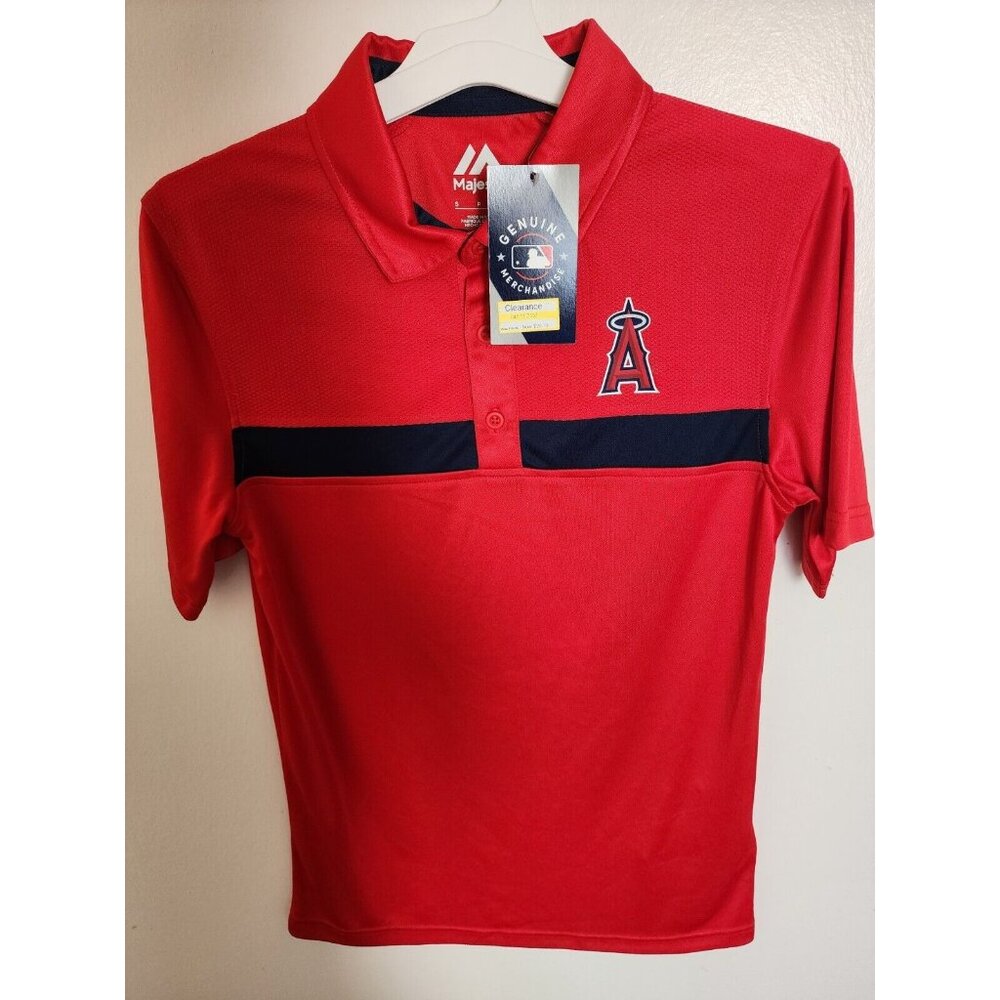 Los Angeles Angels Adult Majestic Two Button Shirt,  Red & Navy, Size Mens Small